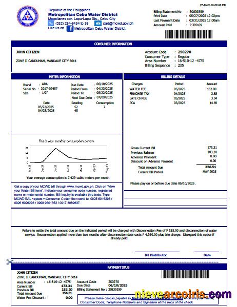 Philippines Metropolitan Cebu Water District utility bill, version 2
